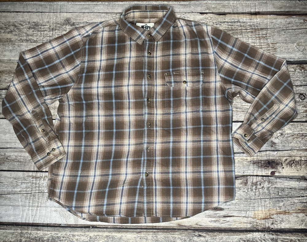 Old Mill Mens 2XL Flannel Shirt Brown Blue Buffalo Plaid Long Sleeve Button Up